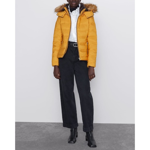 Zara mustard yellow down feather puffer jacket with fur trim hood - Picture 3 of 12